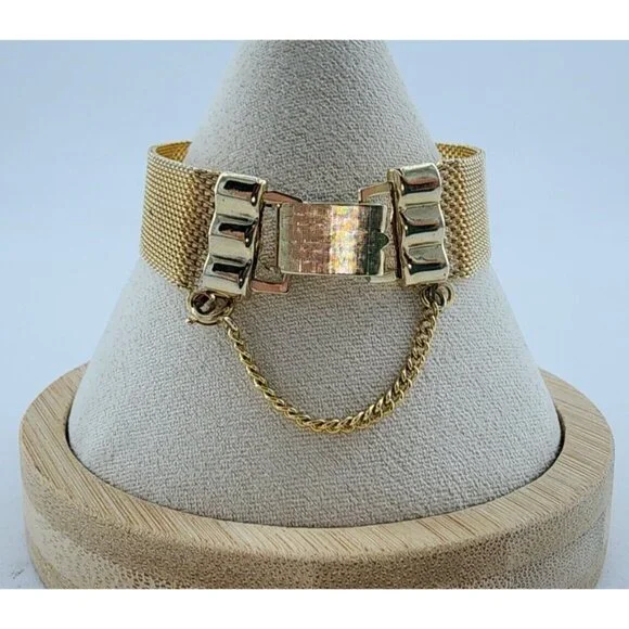 Unbranded Gold Tone Mesh Bracelet w/ Safety Chain Black Flower Cameo Rhinestone - Picture 2 of 8